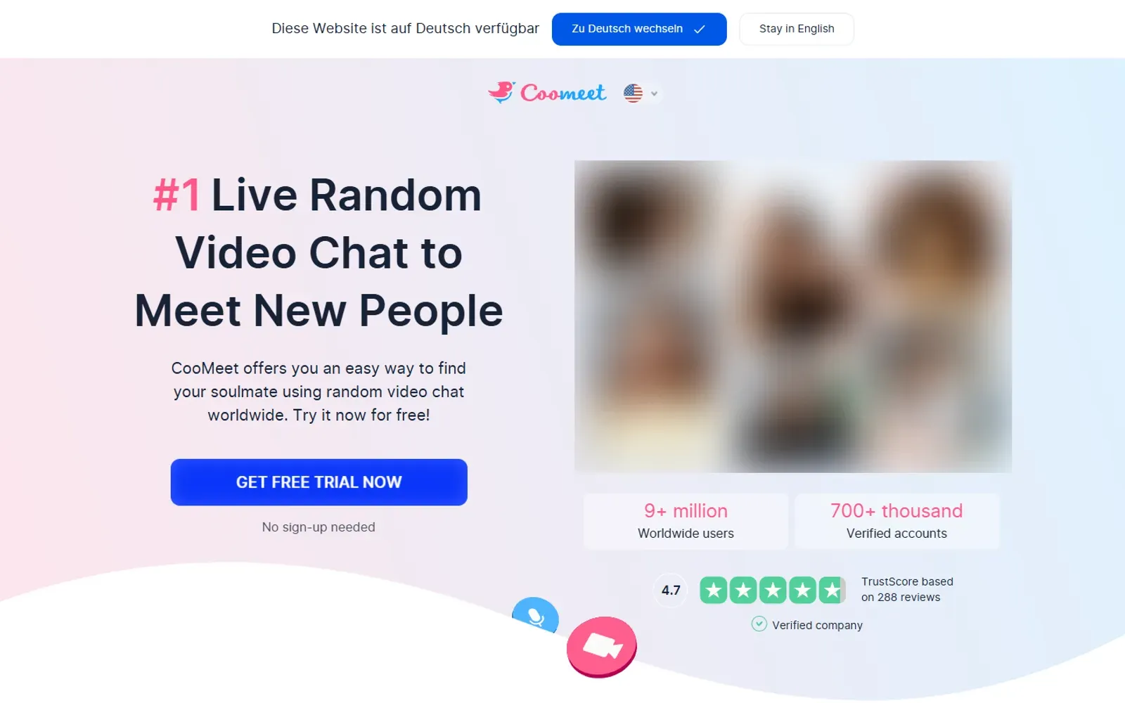 Startseite von CooMeet mit dem Button „Get free trial now“, die Fotos rechts sind unkenntlich gemacht